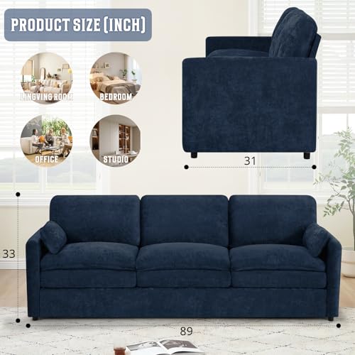 89" Chenille Modern Sofa w/Plump Backrests, Blue | 3 Seater Couch w/Soft Pillows, Comfy Upholstered Couch w/Thicker & Deeper Seats for Living Room, Bedroom - color: Blue, size: Sofa