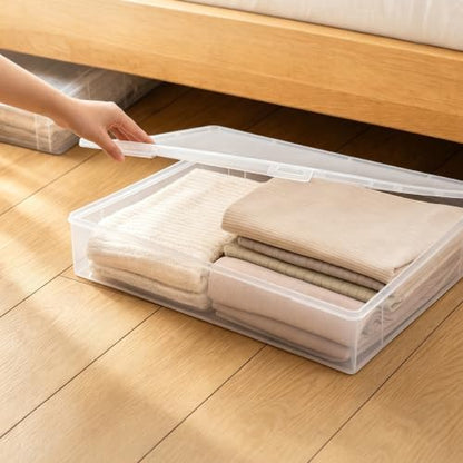 Clear Under Bed Storage Box with Lid, Low Profile Ultra Thin Plastic Storage Container, Stackable Flat Underbed Organizer for Clothes, Bedding, Toys, Shoes, 3 Sizes for Bedroom Dorm Apartment (Small)