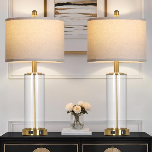 26" Gold Glass Table Lamps Set of 2, 3-Way Dimmable Touch Control Living Room Lamp with USB C+A Ports & AC Outlet, Modern Bedside Lamps, Elegant Bedroom Lamps for Nightstand Side End Table Desk - color: Gold