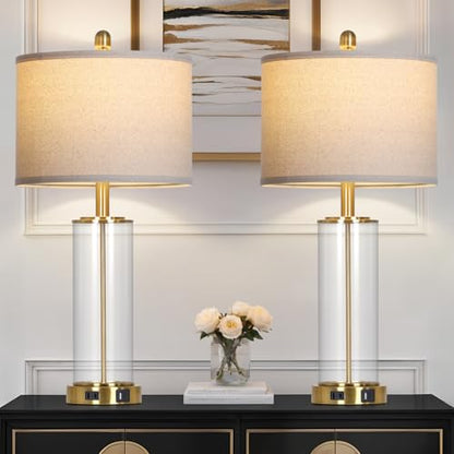 26" Gold Glass Table Lamps Set of 2, 3-Way Dimmable Touch Control Living Room Lamp with USB C+A Ports & AC Outlet, Modern Bedside Lamps, Elegant Bedroom Lamps for Nightstand Side End Table Desk - color: Gold
