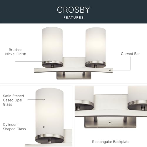 Kichler Crosby 2-Light Bathroom Vanity Light, Brushed Nickel | Satin etched cased opal glass vanity light for modern bathrooms (15" x 8.75" x 15"), 45496NI - color: Brushed Nickel, size: 2 Light, style: Satin Etched Cased Opal Glass