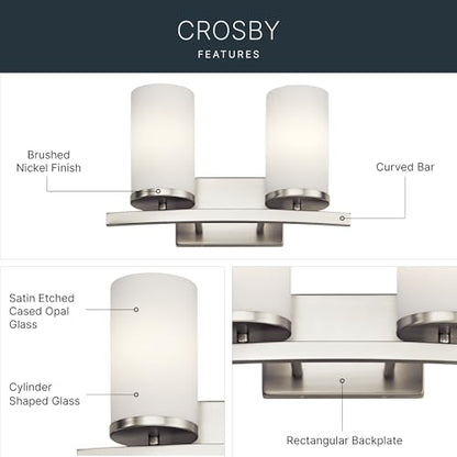 Kichler Crosby 2-Light Bathroom Vanity Light, Brushed Nickel | Satin etched cased opal glass vanity light for modern bathrooms (15" x 8.75" x 15"), 45496NI - color: Brushed Nickel, size: 2 Light, style: Satin Etched Cased Opal Glass
