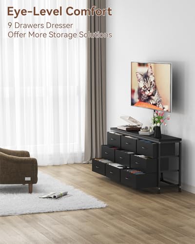 TV Stand with Mount for 32/55/65/75/85 inch TVs, Entertainment Center with 9 Fabric Drawers Dresser Storage, Height Adjustable Media Console - color: Black