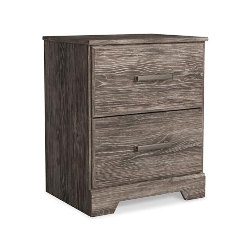 Signature Design by Ashley 2-Drawer Nightstand, Gray, Ralinksi | Rustic warm gray replicated oak grain finish, Antiqued pewter-tone handles, 40 lb engineered wood storage for guest rooms - color: Grayish Brown, style: Night Stand