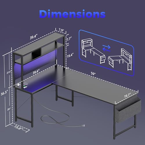 59 inch L Shaped Desk with Pegboard, Large Corner Gaming Desk | Reversible Computer Desk with Hutch, Power Outlets, LED Light & Storage Bag, Office Table for Home Bedroom Study Work Writing - color: Black, size: 59 inch