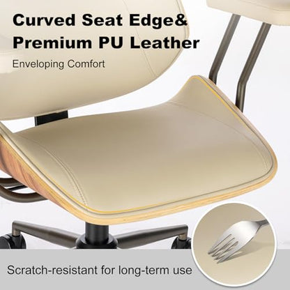 Mid Century Walnut Bentwood PU Leather Office Chair with Arms, Beige | Curved walnut bentwood back & seat; removable armrests; PU leather upholstery; swivel & rolling; for home office & study - color: Beige, size: 2-Section Back / No Headrest