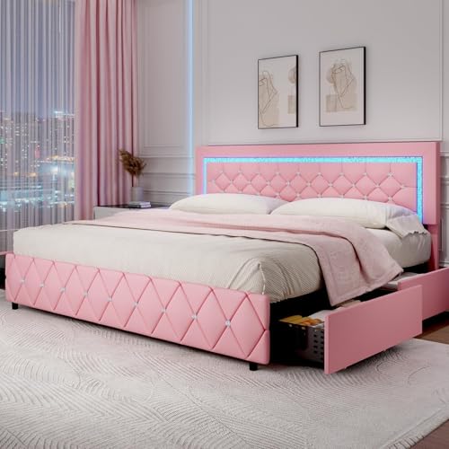 Pink King Size Bed Frame with LED Lights and Diamond Tufted Headboard | Princess Bed Frame with Storage Drawers, Wooden Slats Support, No Box Spring Needed, Easy Assembly - color: Pink, size: King