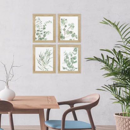 Botanical Plant Wall Art Prints: Sage Green Eucalyptus Picture Decor 4 Piece Framed Boho Leaves Poster for Bathroom Bedroom Living Room Home Decoration 8" x 10"