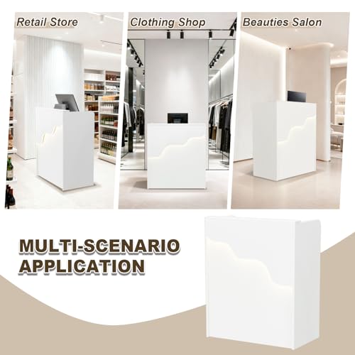 Reception Desk with Counter LED Light, Modern Front Desk with Lockable Drawer, White Retail Checkout Counter for Clothing Store Lobby Beauty Salon (White, 37.8x31.5x15.7in) - size: 37.8x31.5x17.7in