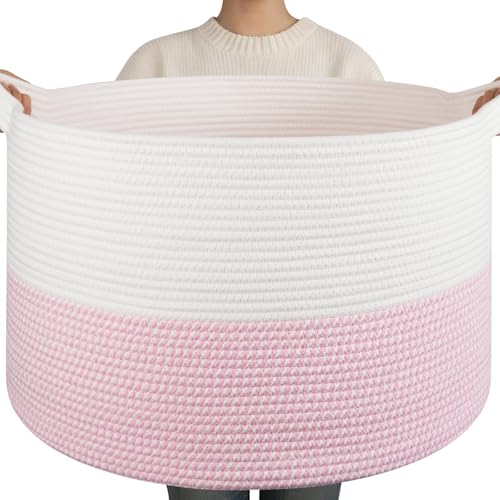 OIAHOMY 90L XXXLarge Blanket Basket for Living Room, 21.7" x 13.8" Woven Cotton Rope Laundry Basket for Organizing Pillows, Decorative Stuffed Animal Toy Storage for Nursery, White and Pink - color: White and Pink, size: 21.7"D x 13.8"H