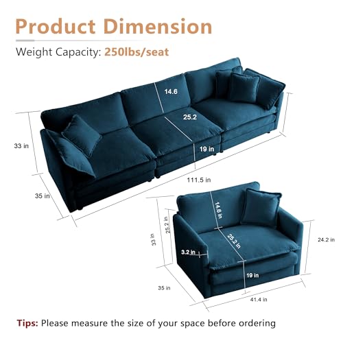 Luxury 3 Piece Sofa Set, 2 Pieces of Single Sofa and 1 Piece of 3 Seater Sofa, Modern Chenille Comfy Cloud Couches Set with 7 Pillows for Living Room Office, Blue - color: Blue, size: 3+1+1