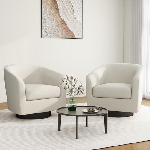 Swivel Barrel Accent Chair, Comfy Reading Armchair, Beige, Set of 2 | Club Chairs for Adults, Low-Back Design, Modern Round Style, Solid Wood Frame & Metal Swivel Base, For Living Room & Bedroom - color: Beige