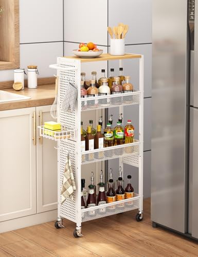 Slim Storage Rolling Cart: 4-Tier Narrow Metal & Wood Utility Cart with Wheels for Kitchen/Laundry/Bathroom(White) - color: White, size: 7.1