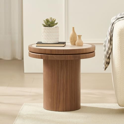 19.49 Round Side Table with Sintered Stone Tabletop & Sturdy Base, Modern MDF Circle Small Coffee Table Double Layer Tabletop End Table for Living Room, Easy Assembly - Walnut - color: 19.49" Side Table With Sintered Tabletop,walnut