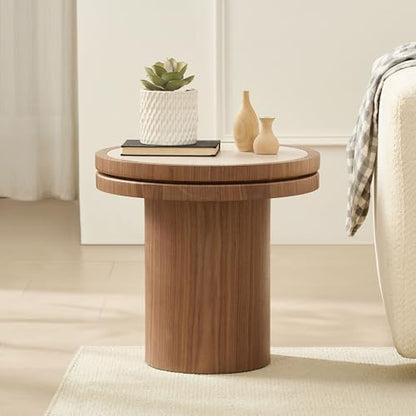 19.49 Round Side Table with Sintered Stone Tabletop & Sturdy Base, Modern MDF Circle Small Coffee Table Double Layer Tabletop End Table for Living Room, Easy Assembly - Walnut - color: 19.49" Side Table With Sintered Tabletop,walnut