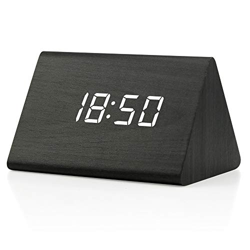 Digital Alarm Clock Wooden Alarm Clock Wood Modern Triangle Alarm Digital Desk Clock, Displays Time Date Temperature Calendar Wood Made Electric Clocks for Bedroom, Bedside - Black - color: Black