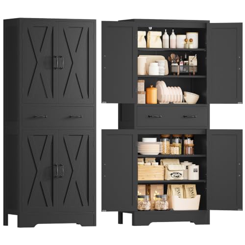 Tall Storage Cabinet with 2 Adjustable Shelves & 1 Large Drawer, Kitchen Pantry Cabinet with 4 Doors, Bathroom Storage Cabinets, for Living Room, Kitchen, Bathroom, Black - color: Black,1 Drawer
