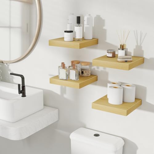 Fun Memories Floating Shelves for Wall, 9.3 Inch Set of 4 Rustic Wood Wall Shelves with Invisible Brackets, Heavy Duty Storage Display for Bathroom Bedroom Living Room Kitchen, Oak - color: Oak, size: 9.3"D x 9.3"L - 2Pack