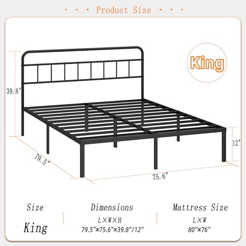 Kujielan 12 inches King Size Bed Frame with Minimalist Headboard, Black | Metal Platform Base with Strong Metal Slats,Mattress Foundation for Under Bed Storage,Easy Assembly - size: King