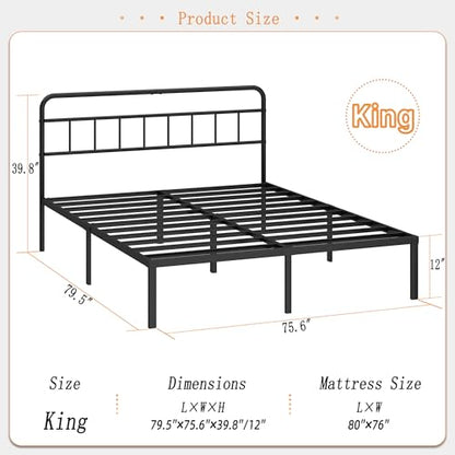 Kujielan 12 inches King Size Bed Frame with Minimalist Headboard, Black | Metal Platform Base with Strong Metal Slats,Mattress Foundation for Under Bed Storage,Easy Assembly - size: King