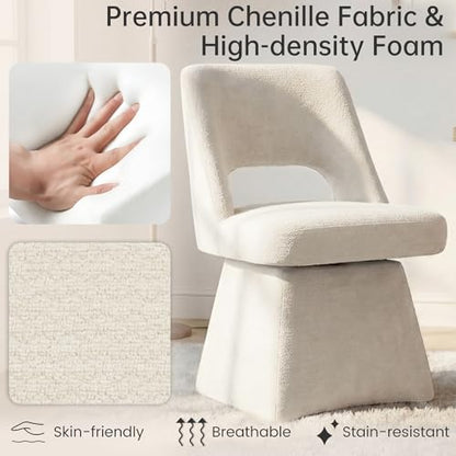 VKNOW Upholstered Swivel Dining Chair with Curved Open Back | Modern Dining Room Chairs with Chenille Fabric, Space-saving, Easy Assembly, for Dining Room, Living Room, Bedroom, Beige - color: Beige