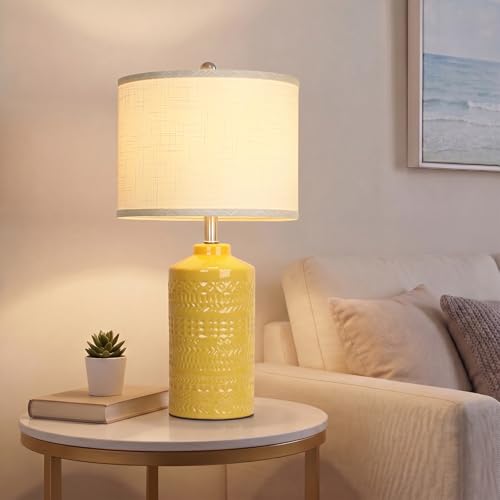 JUNNAI 25" Modern Bedside Ceramic Table Lamps for Living Room Mustard Yellow Nightstand 3-Way Dimmable Lamp Farmhouse Lamp for Bedroom Entryway Tabletop(Bulb Included) - color: Mustard Yellow