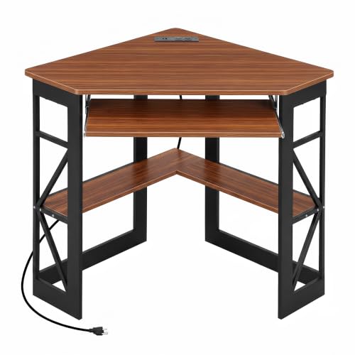 VECELO Corner Desk, Triangle Computer Desk for Small Space with Charging Station and Keyboard Tray, Corner Makeup Table with Storage Shelves for Home Office Bedroom, 41x30, Teak Brown - color: Teak Brown, size: 28" x 41" x 30"