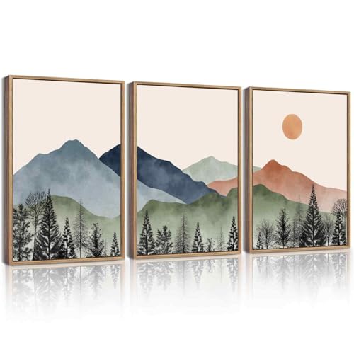 KUVIOKE Mountain Landscape Framed Wall Art Watercolor Nature Painting Boho Sun Rise Prints Farmhouse Rustic Room Decor Ready to Hang 12x16in (Natural Framed) - color: Watercolor Mountain, size: 12 x 16in x 3 Panels Natural