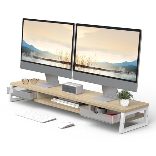 Fenge Dual Monitor Stand Riser, 42.5in Desk Shelf with 2 Drawers, Oak | 2-Tier Monitor Shelf for Desk, Storage Drawer with Stopper, Frosted, fit Home Office, Ultrawide Screen, PC, Laptop, TV - color: Oak