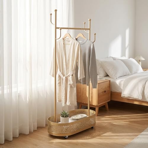 Gold Wheeled Cactus Metal Coat Rack Freestanding Garment Organizer | Double Sided, Modern Style, Powder Coated, for Entryway and Bedroom, 24x14x66.93 Inches - color: Gold