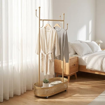 Gold Wheeled Cactus Metal Coat Rack Freestanding Garment Organizer | Double Sided, Modern Style, Powder Coated, for Entryway and Bedroom, 24x14x66.93 Inches - color: Gold