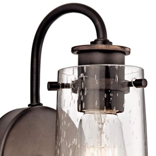 Kichler Braelyn 9.5" Wall Sconce in Olde Bronze®, 1-Light Industrial Wall Mount with Clear Seeded Glass, (9.5" H x 5" W), 45457OZ | Clear seeded glass delivers textured illumination in bathrooms, hallways, bedrooms and living spaces, 45457OZ - color: Old