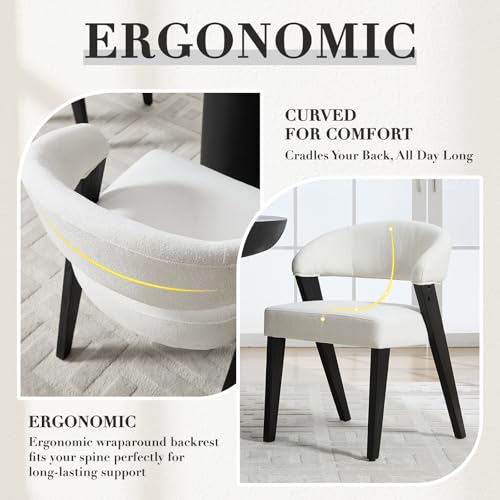 Mid Century Modern Dining Chairs with Arms Set of 2, Upholstered Kitchen & Dining Room Chairs, Barrel Backs/Black Solid Wood Legs, Comfortable Accent Chairs for Living Room, Chenille White - color: White