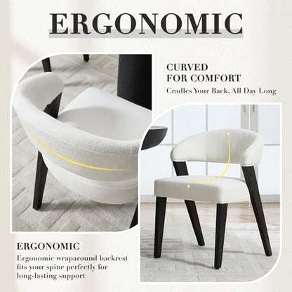 Mid Century Modern Dining Chairs with Arms Set of 2, Upholstered Kitchen & Dining Room Chairs, Barrel Backs/Black Solid Wood Legs, Comfortable Accent Chairs for Living Room, Chenille White - color: White
