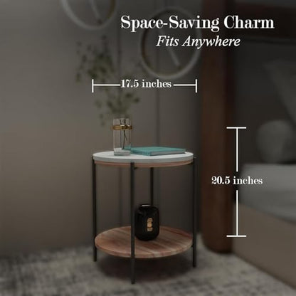 Lyra Round Marble End Table – Solid Acacia Wood Shelf, Open Storage Side Table for Living Room, Bedroom, Entryway, Small Spaces – Nightstand, Plant Stand, Modern Accent Table with Metal Frame - color: Lyra White