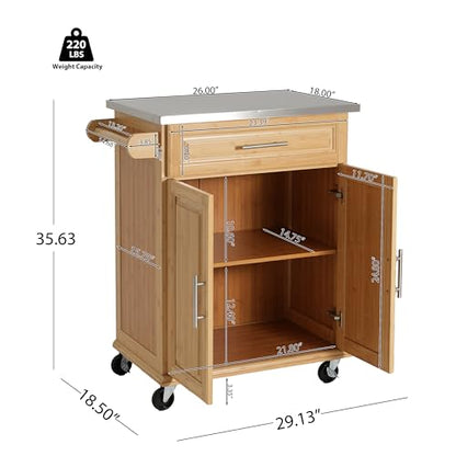 Christopher Knight Home ZAH Bamboo Rolling Cart with Drawers, Kitchen Bar Cart on Wheels with Stainless Steel Top, Mobile Rolling Kitchen Cart Storage Cabinet, Serving Cart, 29.13'' x 18.5'', Natural - size: Small
