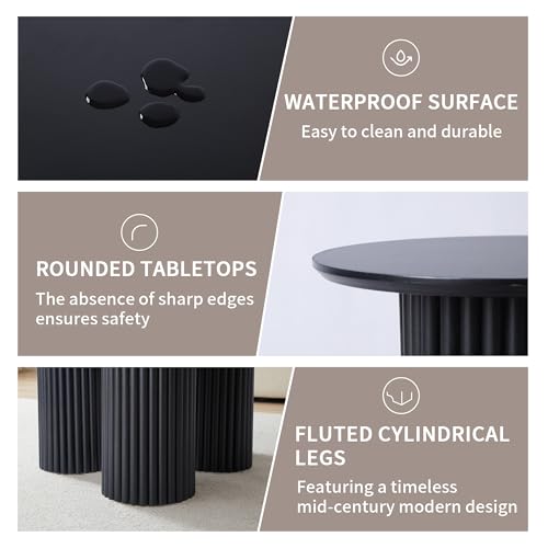 Bifins Black Round Nesting Coffee Table Set of 3 | Coffee and End Table Set,Fluted,Nesting Side Table,Drink Table,End Table,Plant Stand,Mid Century Modern,Nested - color: Black