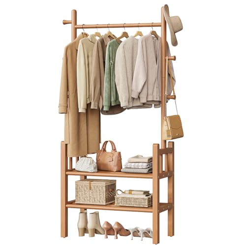 Yoobure Solid Wood Clothing Rack with Shelves - Coat Rack Freestanding with 6 Hooks, 3-in-1 Hall Tree for Hanging Clothes, Tall Garment Racks with Storage for Bedroom, Entryway, Living Room, Closet - color: Natural