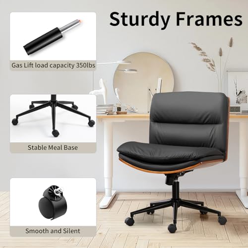 Armless Modern Walnut Office Desk Chair with Wheels, PU Leather Adjustable Wide Swivel Task Chair, Ergonomic Cross Legged Computer Chair for Conference Room, Home Office (Black) - color: Black