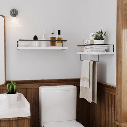 White Wood Floating Shelves Wall Mounted - 2+1 Tier Rustic Bathroom Wall Shelves Over Toilet with Towel Bar, Natural Wood Set of 2 Farmhouse Floating Shelf for Bathroom, Kitchen, Bedroom. - color: 2-tier White Bathroom Shelves, size: 2-Tier