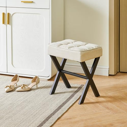 IBUYKE Square Makeup Stool with X-Leg, Linen Vanity Chair, Linen LG-70Y | Footrest Ottoman Seat Multi-Use Small Side Table Bedroom Living Room - color: Linen, size: 17.72"-Linen
