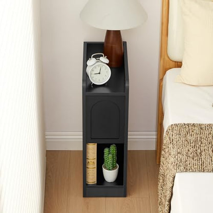 Narrow Nightstands Set of 2, Slim Bedside Tables with Raised Edge Top, Arched Drawer & Open Shelf, Modern Wooden Small End Tables for Bedroom Small Spaces (2, Black) - color: Black-arched Drawer, size: 2-Pack
