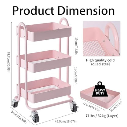 Metal Rolling Cart,3-Tier Pink Rolling Cart with Wheels,Metal Utility Cart with Wheels for Office,Home,Kitchen,Garden（13.4"x18.1"x31"） Pink - color: Pink, size: 31"H