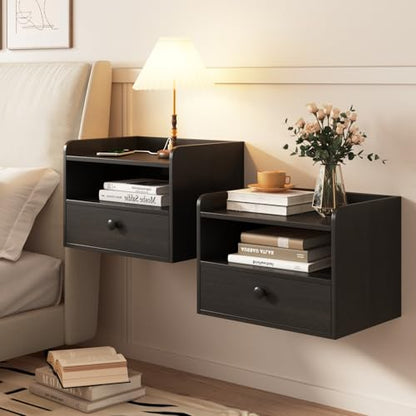 Floating Nightstand Set of 2 Modern Night Stands with Drawer and Open Shelf | Cubby Small Bedside End Table with Charging Station Wall Mounted Nightstands Set 2 for Bedroom Black - color: Black