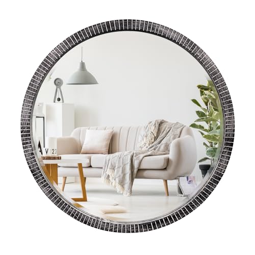 35" Round Wood Mirror, Farmhouse Large Wooden Mirror,Washed Black | Rustic Wood Round Mirror for Wall Decor, Beleved Wall-Mounted Mirror, Wooden Circle Mirror for Entryway, Living Room - color: Washed Black, size: 35"L x 35"W