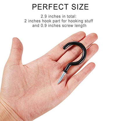 2 Inch Ceiling Hooks, Vinyl Coated Screw-in Cup Hook for Hanging Plants, Lights, Mugs - Heavy Duty Indoor Outdoor Use, Metal Wall Kitchen Hanger, Black (12 Pack)