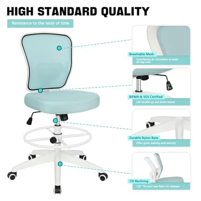 Drafting Chair Adjustable Height Tall Office Chairs Standing Desk Chair Rolling Stool Chair Armless Office Drafting Chair Blue - color: Blue