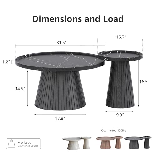 win2win Nesting Coffee Table Set of 2 with Marble Veneer, Black | Modern Round Tea Table and End Table Set, Minimalist Wood Center Tables for Living Room, Office, Fluted Design
