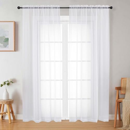 White Sheer Curtains 84 Inches Long 2 Panels Set for Bedroom Living Room, Soft Airy Light Filtering Modern Solid Rod Pocket Drapes Window Treatments, White, Each 42" W x 84" L - color: White, size: 42"W x 84"L (Pack of 2)