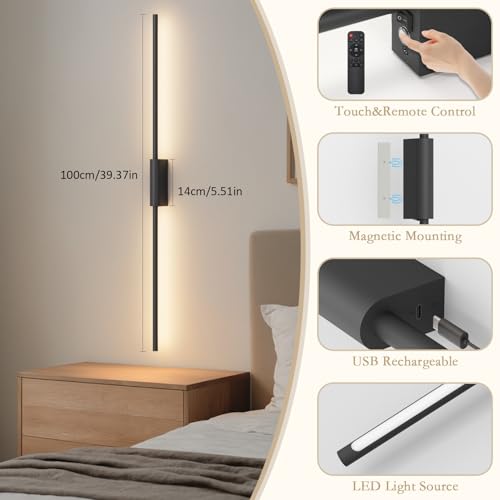 39.4In Battery Operated Wall Sconces Set of Two,12000mAh Wireless Rechargeable Sconces 3 Colors Dimmable with Remote for Living Room Bedroom - size: 39.4Inch
